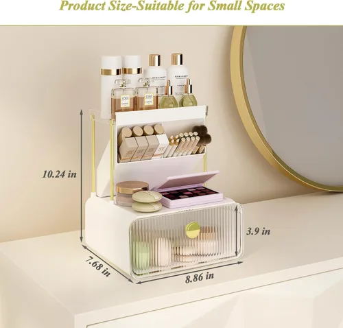 Miniatura 5 de FOLLOWIN Organizador de mostrador de baño con cajón, organizador para la parte superior de la cómoda con soporte para brochas de maquillaje, estante
