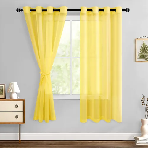 Miniatura 150 de Hiasan - Cortinas traslúcidas de gasa cortas semitransparentes con ojales y alzapaños filtrantes de luz para ventana, dormitorio, baño, 2 paneles