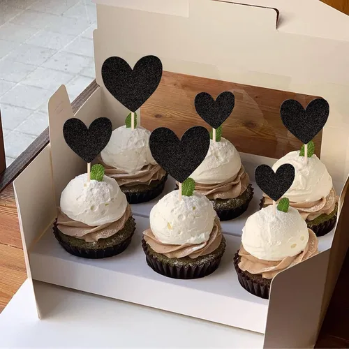 Miniatura 4 de 30 piezas de decoración para cupcakes con diseño de corazón con purpurina para cupcakes, despedida de soltera, boda, compromiso, decoración de Negro