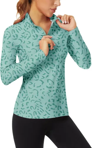 Miniatura 35 de WOWENY Camiseta deportiva de manga larga para mujer, con cremallera de un cuarto, cuello para entrenamiento, camiseta de tenis con estampado