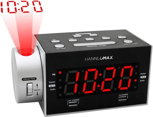 Miniatura 2 de HANNLOMAX HX-135CR - Radio despertador con proyección, radio FM PLL, alarma dual, puertos USB duales para carga de 2.4 A y 1A, pantalla LED roja