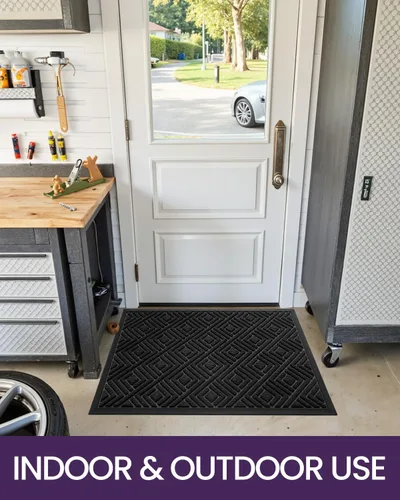 Miniatura 9 de DEXI Tapete para puerta delantera, entrada exterior, 17 x 29 pulgadas, tapete de goma para puerta trasera, resistente, antideslizante de perfil negro