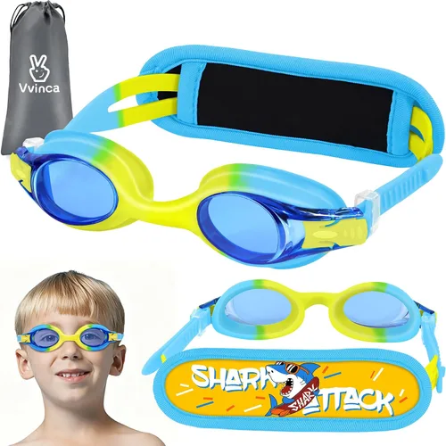 Miniatura 19 de Vvinca Gafas de natación para niños con correa de tela, sin enredos, sin dolor, antivaho para piscina, sin fugas, para niños y niñas