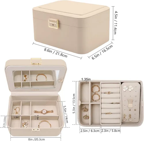 Miniatura 6 de Joyero mejorado, organizador de joyas de piel sintética de 2 capas para mujer con cerradura y espejo, gancho oculto para collar y divisor extraíble