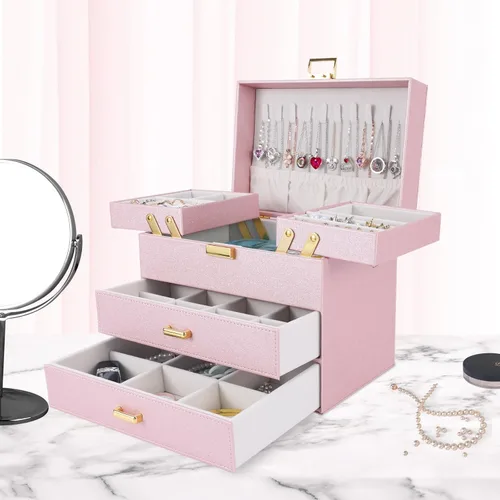 Miniatura 6 de Dajasan Cajas de joyería para mujeres y niñas, organizador de almacenamiento de joyas, 4 capas, caja organizadora de joyas grande con 2 cajones
