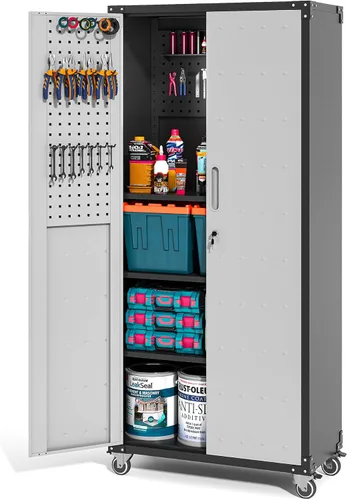 Miniatura 18 de Armario de almacenamiento de metal para garaje con ruedas, gabinete rodante con cerradura para herramientas con cajón y estantes, gabinete móvil