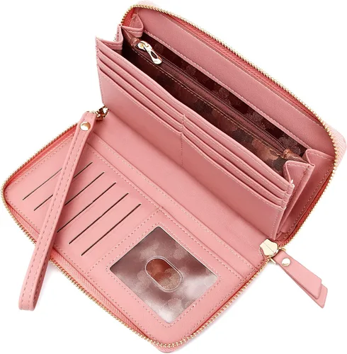Miniatura 16 de Badiya Billetera para mujer con bloqueo RFlD de cuero con cremallera alrededor de carteras de gran capacidad