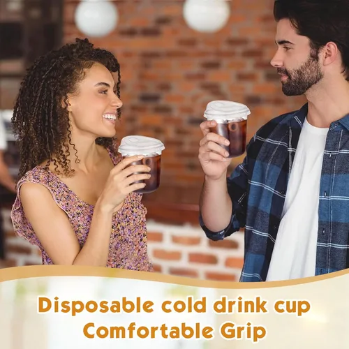 Miniatura 5 de Baderke 100 Vasos de Plástico con Tapas para Sorber Fondo Redondo Vasos de Café de Plástico Desechables con Tapas Tazas de Cristal Transparentes sin