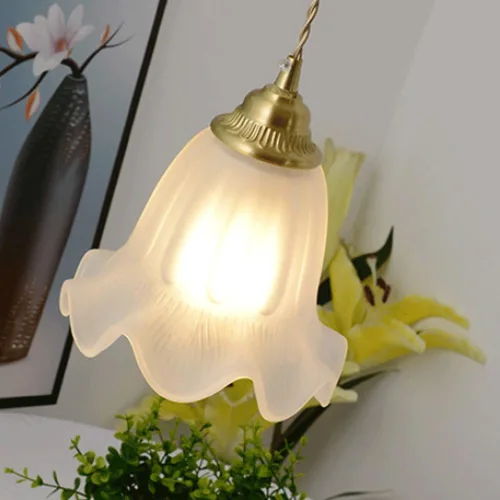 Miniatura 5 de Lámpara colgante con forma de flor retro nórdica, moderna lámpara colgante colgante de cúpula dorada con pantalla de vidrio esmerilado, cable