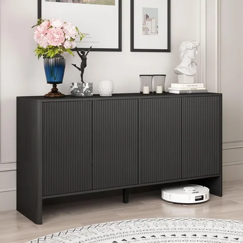 Miniatura 10 de Armario de almacenamiento estriado, aparador de buffet moderno con estantes ajustables, aparador independiente con puertas dobles, armario Nogal