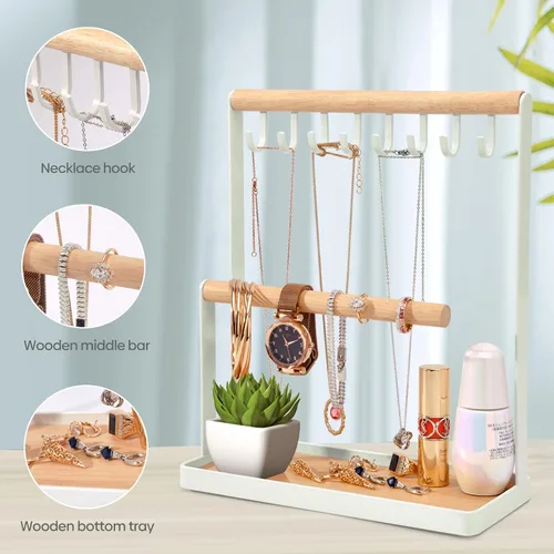 Miniatura 3 de Portin Organizador de joyas con bandeja de anillos de madera y ganchos almacenamiento de collares pulseras anillos relojes organizador de escritorio