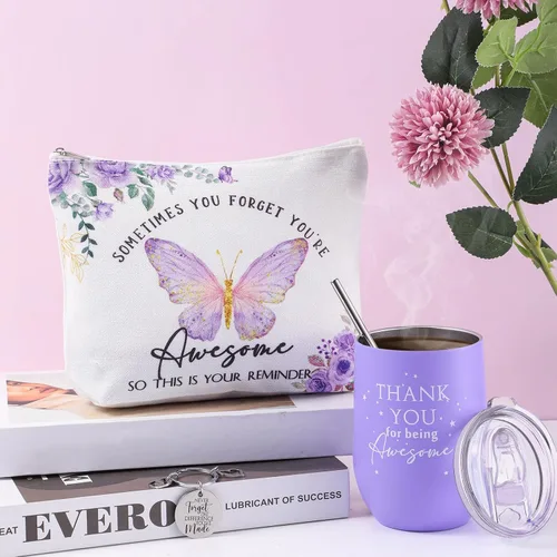 Miniatura 5 de Sieral Regalo de agradecimiento para mujeres, vaso de acero inoxidable de 12 onzas, llavero de agradecimiento y bolsa de maquillaje de lona, regalos