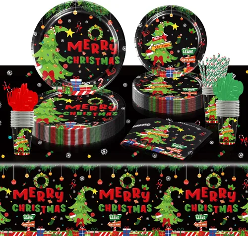 Juego de vajilla de fiesta de Navidad, sirve 25 suministros de fiesta navideña, platos desechables, mantel, vasos, tenedores, cucharas, cuchillo,