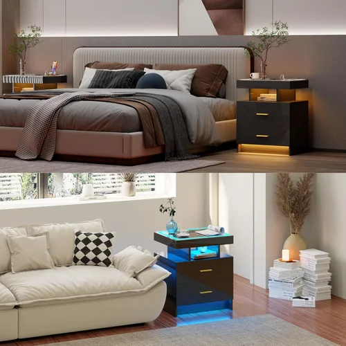Miniatura 8 de WOOVIVS Juego de 2 mesitas de noche con carga inalámbrica y luces LED para dormitorio, mesita de noche con tablero de vidrio y diseño de 2 cajones