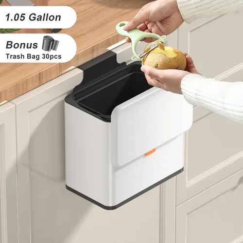 Miniatura 2 de Mbillion Cubo de Compost de Cocina Colgante Bote de Basura con Tapa 1.05 Galones Acero Inoxidable Bote de Basura para Puerta de Gabinete de Cocina