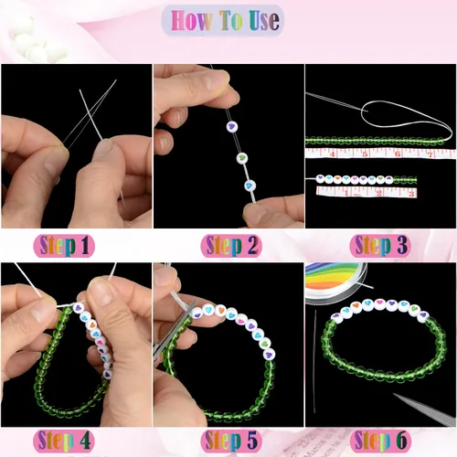 Miniatura 6 de LPBeads 12 rollos de 0.8mm de hilo elástico para hacer joyería de pulseras con agujas y regla para ensartar cuentas