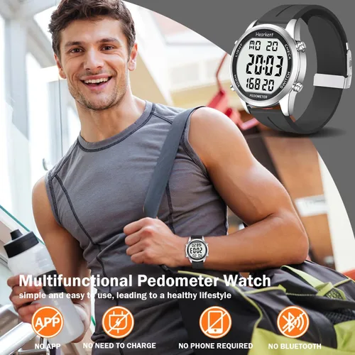 Miniatura 2 de Reloj podómetro para caminar para personas mayores, sin aplicación necesaria, con contador de pasos y calorías y LCD con números grandes Negro