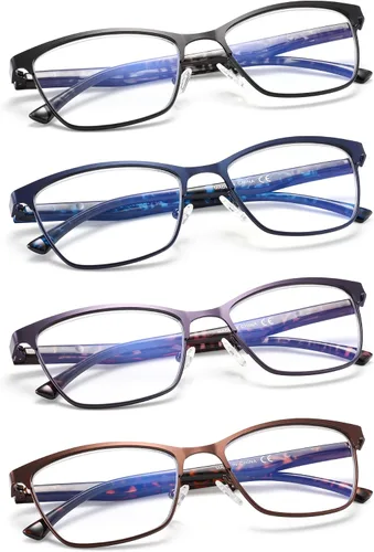 Miniatura 2 de HIYANJN Paquete de 4 lentes de lectura para mujeres y hombres, bloqueo de luz azul, lentes de metal con marco de acero inoxidable, lentes