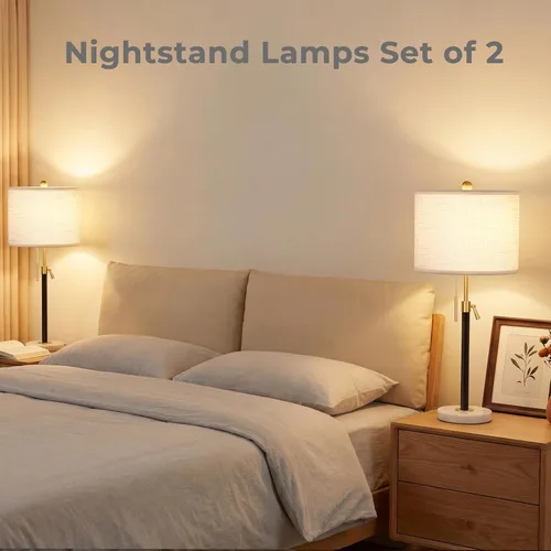 Miniatura 5 de Qingmiao Juego de 2 lámparas de mesa para dormitorio, 22 a 30 pulgadas de altura ajustable con pantalla de lino, interruptor de cadena de tracción