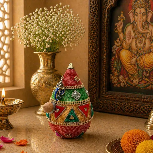 Miniatura 8 de LOVENSPIRE Shriphal Mangal Kalash Coco decorado para boda Shagun Decorativo Nariyal Mangal Nariyal Kalash Set Boda Pooja Nariyal Decorado Nariyal