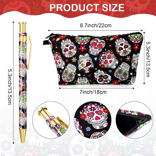 Miniatura 2 de TaoBary 12 bolígrafos de calavera de azúcar con estuche para lápices, bolígrafos retráctiles, bola de clic, bolsa de regalo de calavera de azúcar