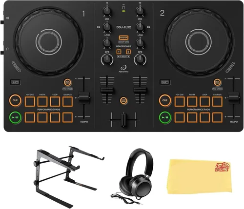 Miniatura 10 de Pioneer DJ AlphaTheta DDJ-FLX2 Paquete de controlador DJ compacto de 2 canales con estuche, cable para instrumentos y paño de pulido Austin Bazaar