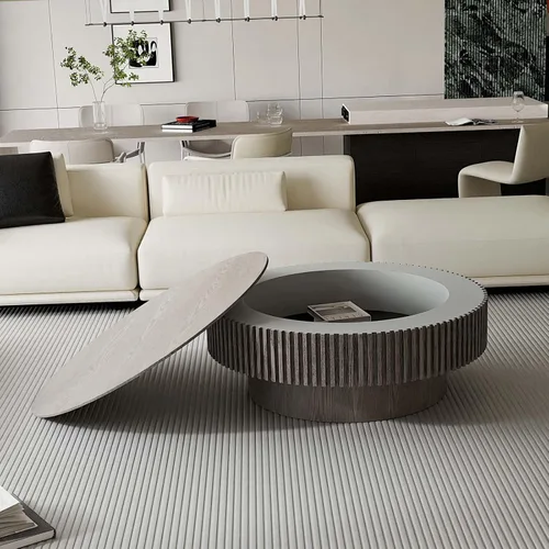 Miniatura 3 de Mesa de centro redonda de 39 pulgadas con almacenamiento, moderna mesa de centro de madera con chapa de madera maciza, mesa central circular
