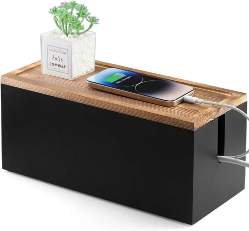 Miniatura 8 de Caja organizadora de cables de madera de acacia, caja organizadora de cables, 2 ranuras abiertas, organizador de cables para debajo del escritorio