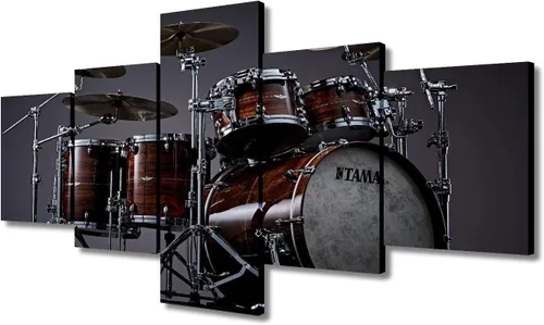 Miniatura 29 de Arte de pared en blanco y negro, kit de batería de jazz morado sobre fondo negro, pinturas de 5 paneles, lienzo, arte de pared para decoración