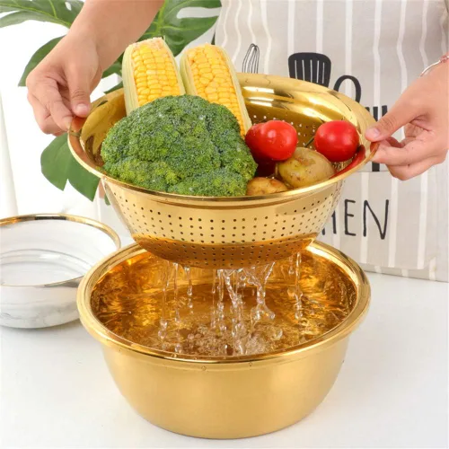 Miniatura 6 de Juego de colador multifuncional 3 en 1, rallador de cocina de acero inoxidable, cesta de drenaje/lavabo inferior para lavar arroz, frutas, verduras