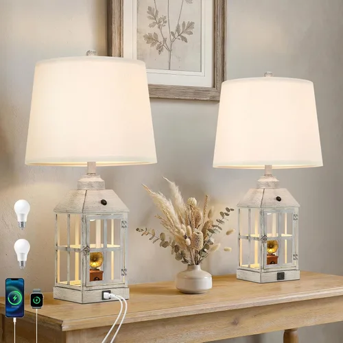 Miniatura 8 de Lámparas de mesa estilo granja de 25" para sala de estar, juego de 2 lámparas negras con puerto USB y luz nocturna, lámpara de mesa rústica