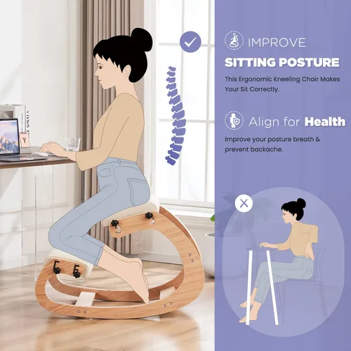 Miniatura 6 de Silla ergonómica, mecedora ajustable para oficina en casa, silla de rodilla de madera para aliviar el dolor de espalda, color beige