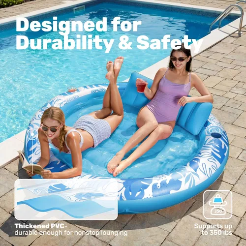 Miniatura 5 de SLOOSH Flotador inflable para piscina de bronceado, flotadores de piscina de 72 x 56 pulgadas para adultos con almohada, flotador redondo 4 en 1