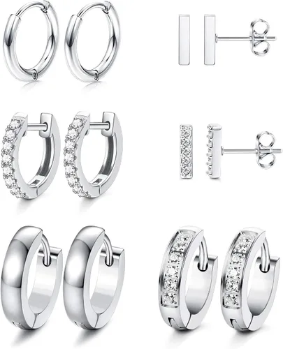 JOERICA Juego de 6 pares de aretes de aro para mujer, diseño minimalista de mini barra, oro y plata, circonita cúbica, juego de piercings pequeños