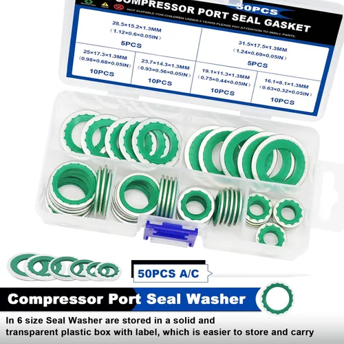 Miniatura 3 de Kit surtido de 50 piezas de arandelas de sello unido por compresor de A/C, 6 tamaños de aire acondicionado, reparación de juntas de puerto de 50PCS