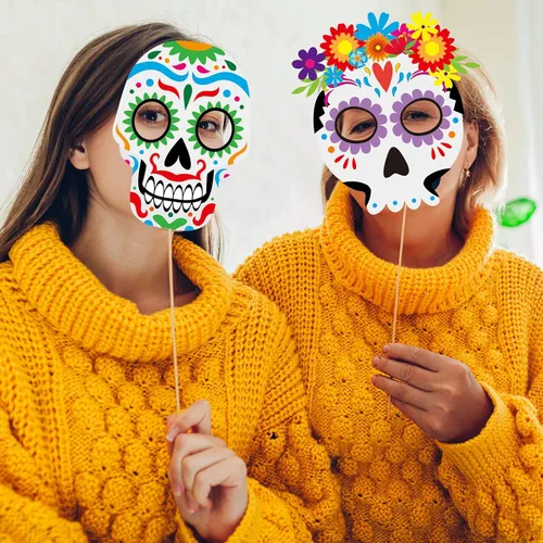 Miniatura 6 de 24 piezas de accesorios para cabina de fotos del Día de los Muertos, decoración colgante de fiesta de calavera para el Día de los Muertos