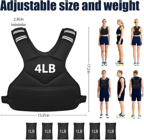 Miniatura 3 de Ragebby - Chaleco con peso ajustable para mujeres y hombres, 4-10 libras/12-18 libras/ Chaleco con 6 pesas de arena de hierro, chaleco