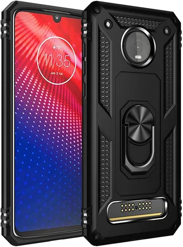 Funda de grado militar para Motorola Moto Z4, Moto Z4 Play Case 360 Metal giratorio anillo soporte soporte magnético para coche Armadura resistente