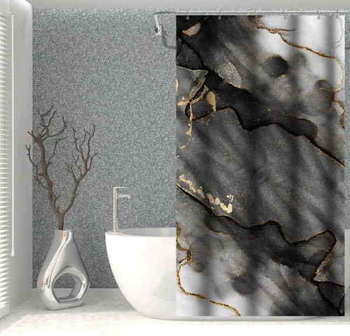 Cortina de ducha de mármol blanco y negro de 36 x 72 pulgadas, tinta de pintura abstracta, textura de arte líquido, líneas agrietadas doradas,