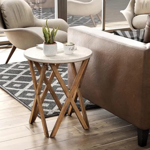 COZAYH Mesa auxiliar con pedestal de granja, parte superior blanca envejecida con base de 4 patas para casa de campo moderna, decoración bohemia,