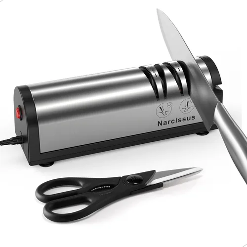 Narcissus Afilador de cuchillos eléctrico profesional de 2 etapas para afilado y pulido rápidos, con afilador de tijeras y caja de recolección de
