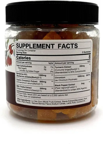 Miniatura 9 de Gomitas de berberina de 1500 mg sin azúcar, suplemento orgánico de berberina con canela de Ceilán, cromo, cúrcuma, cardo mariano para el metabolismo