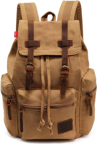 Miniatura 10 de HuaChen Mochila de viaje de lona vintage con ribete de cuero, funda acolchada para laptop, bolsillo de seguridad trasero oculto, se adapta a 14
