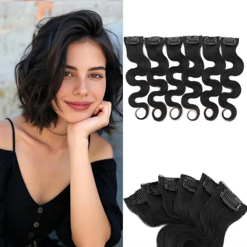 Miniatura 25 de Benehair 6 extensiones de cabello corto con clip, 100% cabello humano real, sin costuras e invisibles, para mujeres, con volumen instantáneo