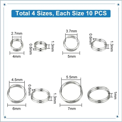 Miniatura 2 de PH PandaHall 40 anillos divididos, anillos de plata de ley S925, 4 tamaños, doble bucle, pequeño llavero de 4/5/6/0.276 in, anillo de metal redondo
