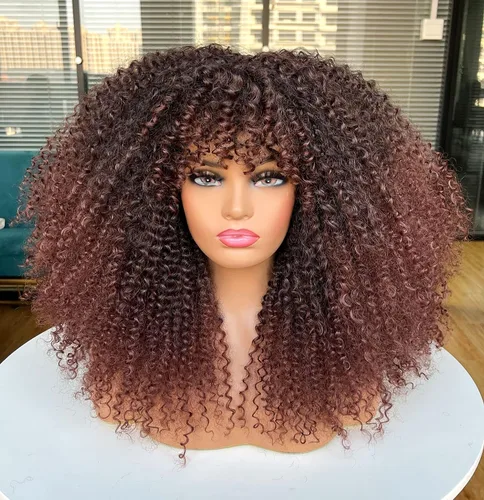 Miniatura 11 de Sweece - Peluca afro larga y rizada con flequillo para mujeres negras, peluca de cabello rizado de 17 pulgadas (17 pulgadas, negro)