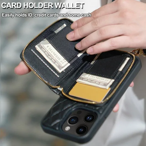 Miniatura 4 de LAMEEKU Funda tipo cartera diseñada para iPhone 14 con tarjetero y cadena cruzada para mujer, funda RFID a prueba de golpes, compatible con iPhone