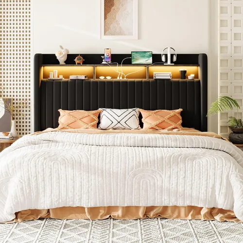 Miniatura 7 de Allewie Marco de cama de almacenamiento hidráulico elevable, tamaño King, cabecero de estante de 2 niveles con luces LED y estación de carga, Negro