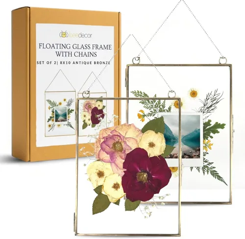 Miniatura 12 de Beedecor Juego de 2 marcos colgantes de vidrio doble para flores prensadas, hojas y obras de arte, marco flotante de metal grande con cadena, marcos