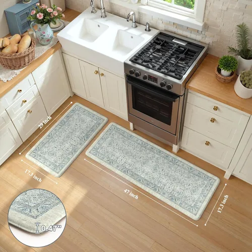 Miniatura 3 de KIMODE Juego de 2 tapetes de cocina antifatiga para piso, tapetes de cocina bohemios vintage, tapetes acolchados antideslizantes y cómodos
